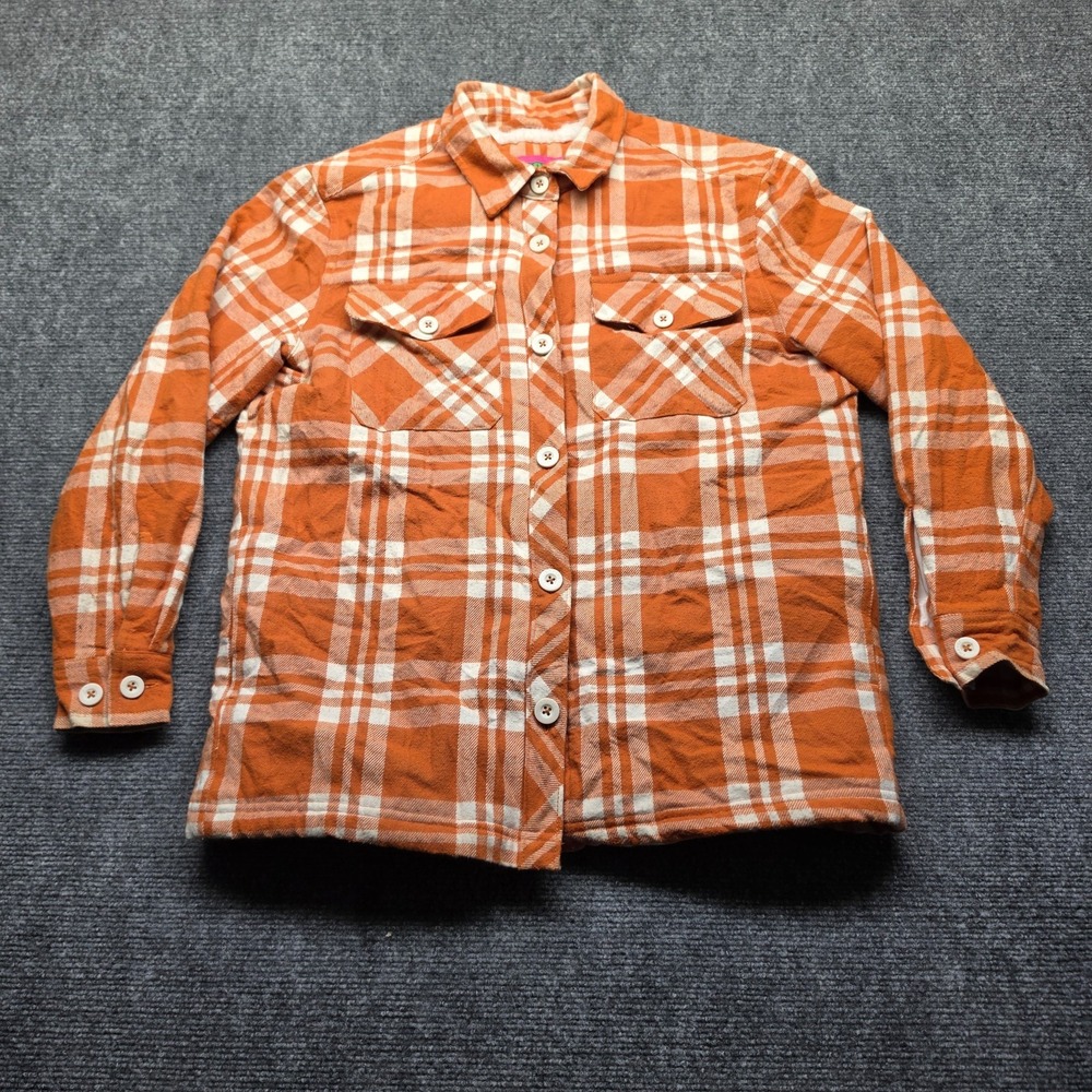 Empyre Sherpa Lined Plaid Flannel Jacket Womens Small Orange White Button Up